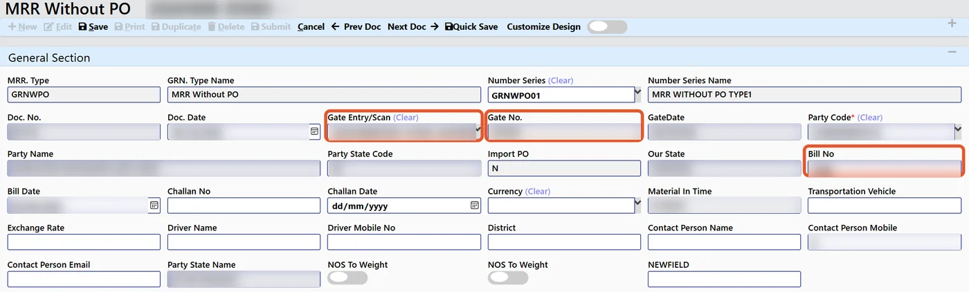 Tejaxo ERP MRR without PO screen linked to a gate entry